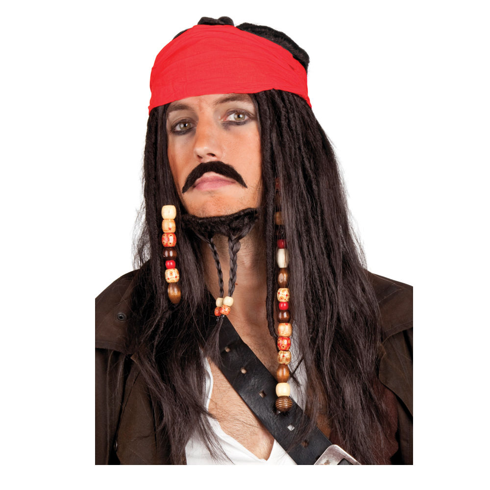 Percke Herren Pirat Tobias mit Schnurrbart, schwarz - mit Haarnetz Bild 2