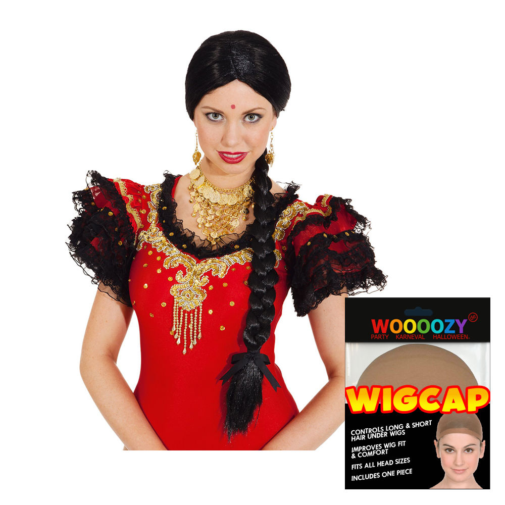 Percke Damen Mittelscheitel mit einem geflochtenem Zopf, Bollywood, schwarz - mit Haarnetz