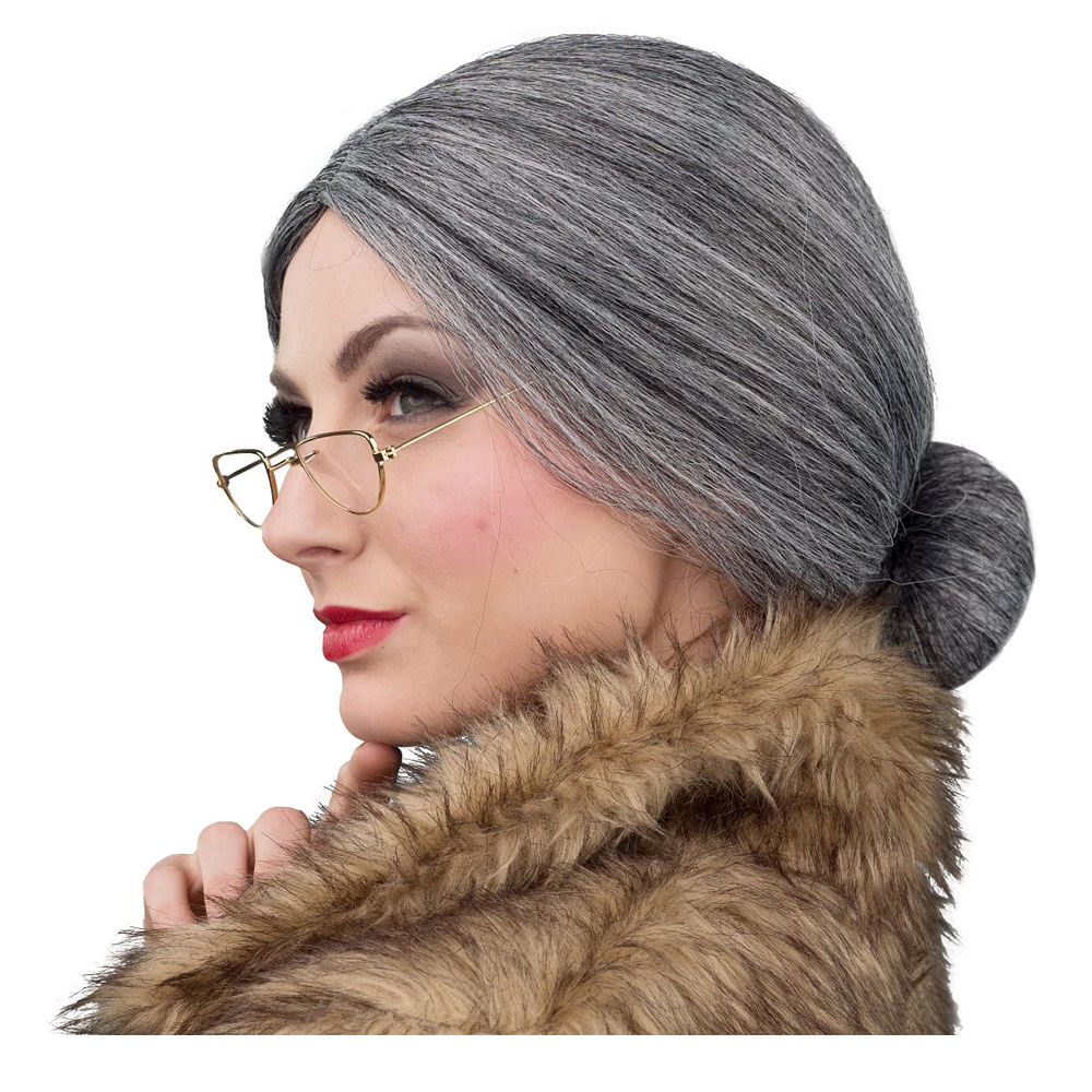 Percke Damen Oma Gromtterchen mit Knoten Dutt und Brille, silbergrau - mit Haarnetz Bild 2