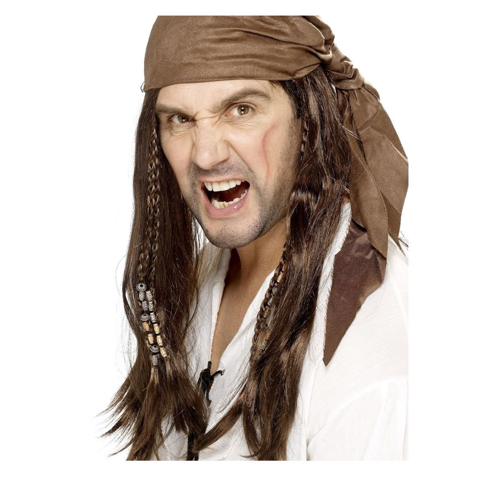 Percke Herren Langhaar Pirat mit Kopftuch braun Bukanier, braun - mit Haarnetz - mit Haarnetz Bild 2