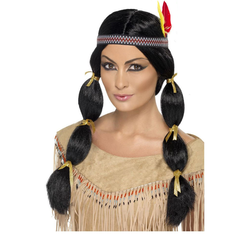 Percke Damen Indianerin mit Federstirnband und zwei gefochtenen Zpfen, schwarz - mit Haarnetz Bild 2