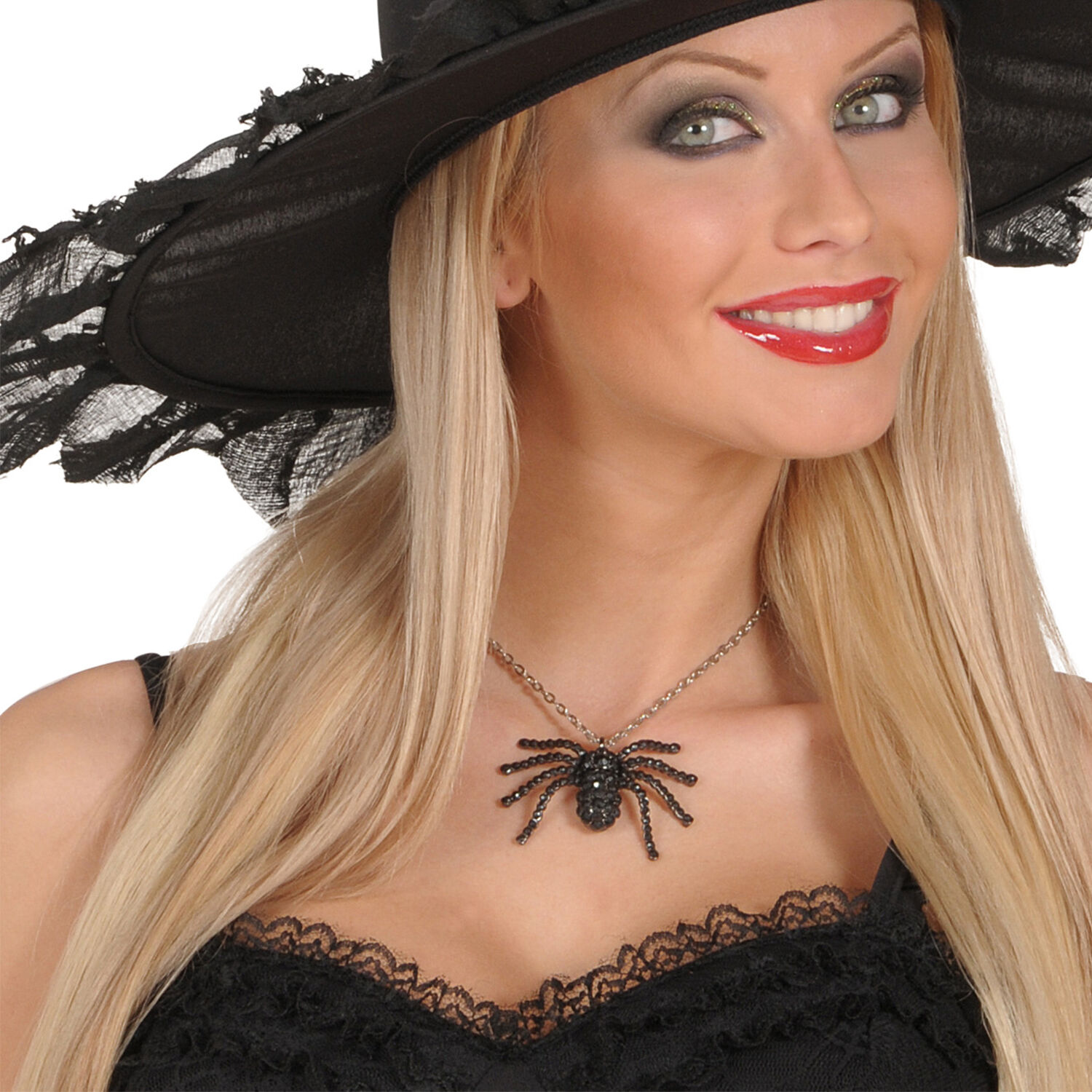 NEU Halloween-Kette mit groem strassbesetztem Anhnger in Spinnenform, Silber-Schwarz Bild 2