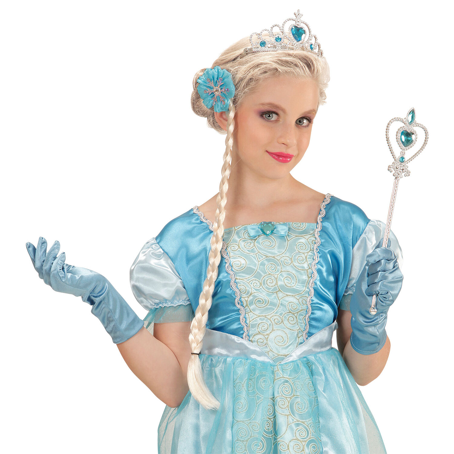 NEU Kinder-Set Eis-Prinzessin, Blau mit Krnchen / Tiara, Zopf, Handschuhen und Prinzessinnenstab Bild 2