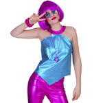 NEU Damen-Kostm Disco-Fever-Top, blau mit pinkem Kragen, Einheitsgre