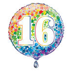 SALE Folienballon 16. Geburtstag, mit bunten Sternen / Regenbogen, beidseitig bedruckt, Gre: ca. 45 cm