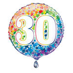 SALE Folienballon 30. Geburtstag, mit bunten Sternen / Regenbogen, beidseitig bedruckt, Gre: ca. 45 cm