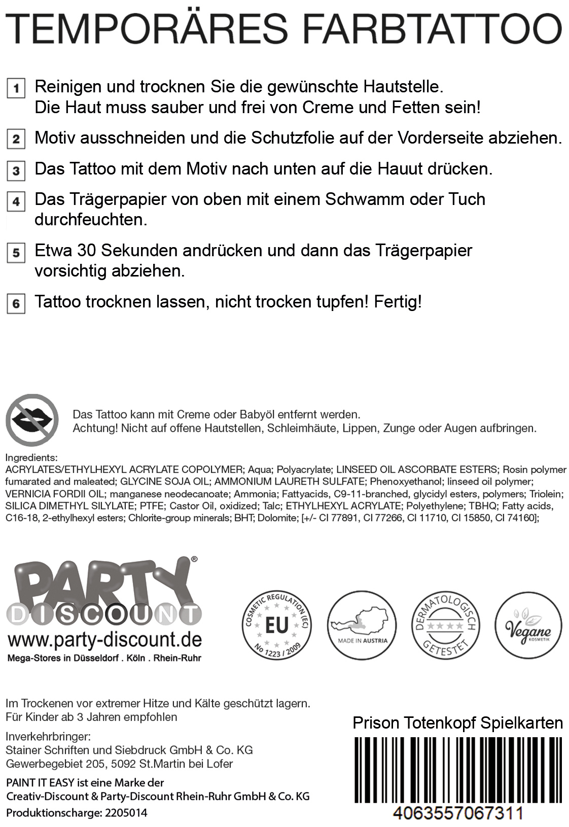 NEU Temporres Tattoo-Motiv Reality, 10,5 x 14,8cm, Prison Totenkopf mit Spielkarten Bild 3