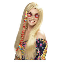 Percke Damen Mittelscheitel lang mit geflochtener Strhne und Perlen 70er Hippie, blond
