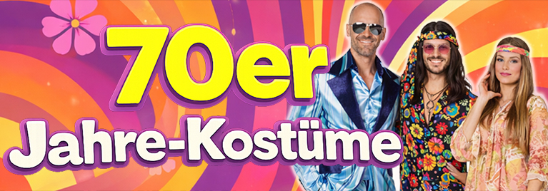 Verschiedene Kost�me im 70er-Jahre-Look sind zu sehen. Text im Bild: 70er Jahre Kost�me - Hier klicken.