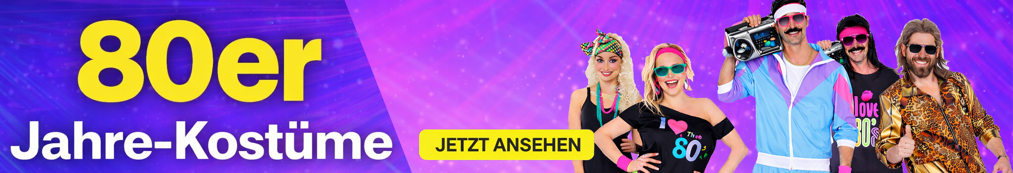 Verschiedene Kost�me zum 80er-Jahre-Look sind zu sehen. Text im Bild: 80er Jahre Kost�me - Hier klicken.