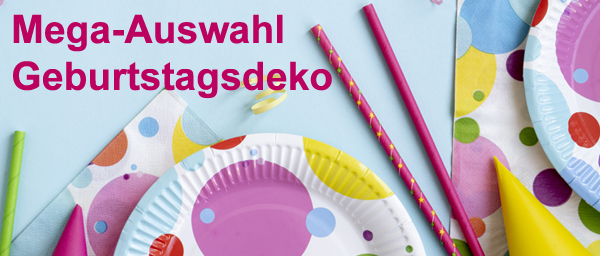 Bunte Geburtstagstischdeko mit Papptellern, Trinkhalmen, Servietten und Partyhüten in fröhlichen Farben und Punkten. Links oben steht in pinker Schrift: 'Mega-Auswahl Geburtstagsdeko'. Die Szene vermittelt eine festliche, kinderfreundliche Stimmung.