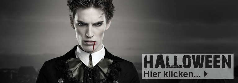 Mann im Vampirkostüm mit blasser Haut, blutverschmiertem Mund und düsterem Blick - ideal für Halloween- oder Gruselpartys. Text im Bild: Halloween - Hier klicken.