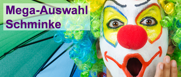 Nahaufnahme eines bunt geschminkten Clowns mit grüner, gelber und blauer Lockenperücke. Der Clown schaut überrascht in die Kamera. Links oben steht in lila Schrift auf halbtransparentem Hintergrund: 'Mega-Auswahl Schminke'. Im Hintergrund ist ein farbiges Regenschirm-Muster zu sehen.