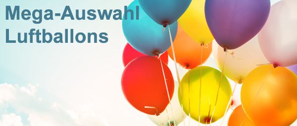 Bunte Luftballons in verschiedenen Farben steigen in den hellen Himmel. Links oben steht in blauer Schrift: 'Mega-Auswahl Luftballons'. Das Bild vermittelt eine fröhliche, festliche Stimmung.