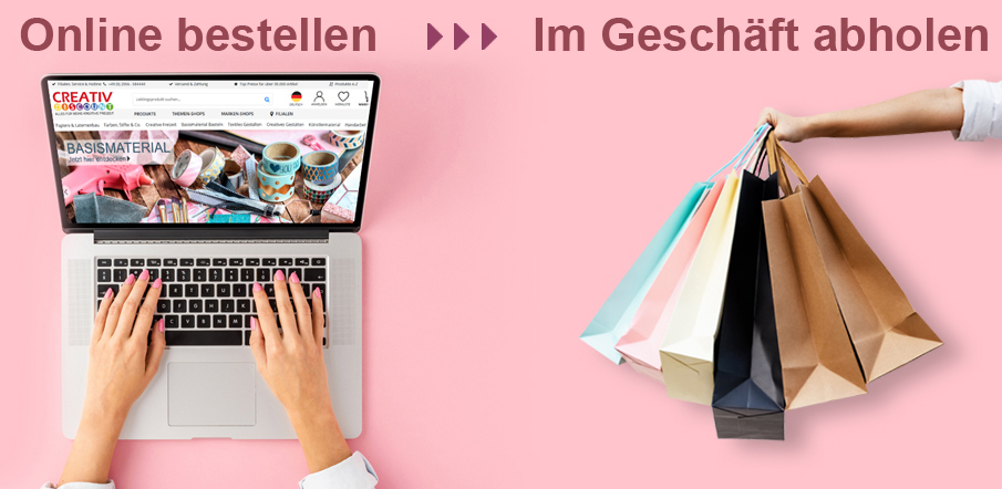 Online bestellen und im Geschft abholen - linke Bildhlfte zeigt Laptop mit Online-Shop, rechte Seite Einkaufstaschen - Text 'Online bestellen - Im Geschft abholen' im Bild enthalten