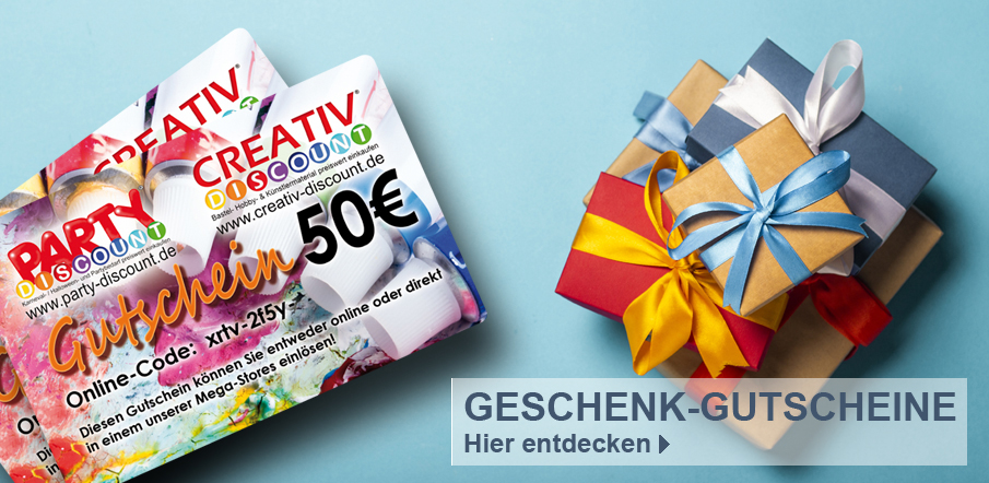 Zur Kategorie Geschenk-Gutscheine: Einkaufsgutscheine ber 50Euro und bunt verpackte Geschenke - Text 'Geschenk-Gutscheine - Hier entdecken' im Bild enthalten