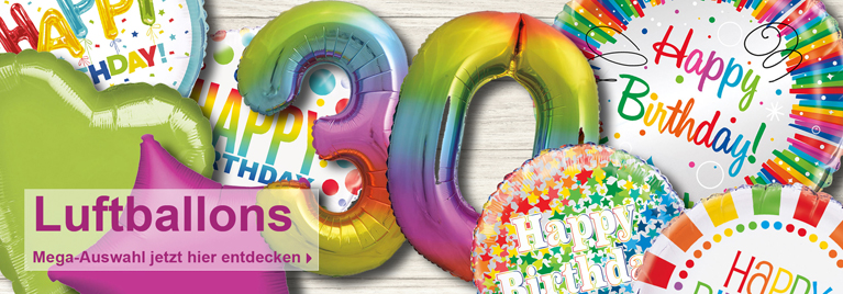 Bunte Geburtstagsballons in Zahlenform und mit Aufdruck 'Happy Birthday'. Hinweis auf große Auswahl an Luftballons für Feierlichkeiten.
