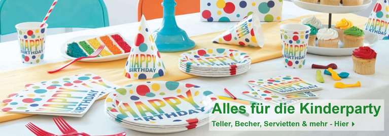 Fröhlich gedeckter Geburtstagstisch mit buntem Partygeschirr, Muffins, Hüten und Luftballons - ideal für Kinderpartys. Text im Bild: Alles für die Kinderparty - Teller, Becher, Servietten & mehr.