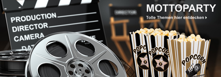 Szene im Kinostil mit Popcorntüten, Filmrollen und Regieklappe. Ideal für Mottopartys mit Film- oder Hollywood-Thema. Text im Bild: Mottoparty - Tolle Themen hier entdecken.