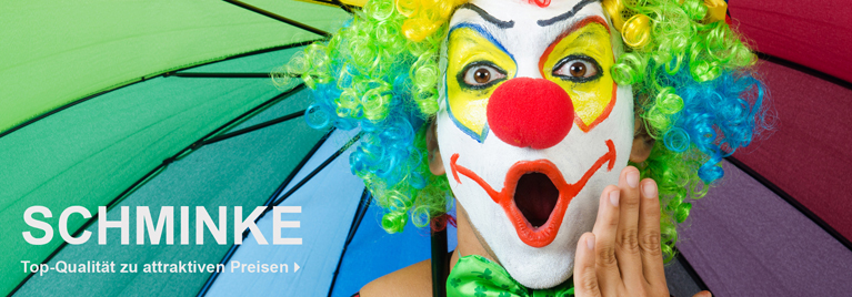 Lachender Clown mit bunter Perücke und auffälliger Schminke vor Regenbogenschirm. Hinweis auf hochwertige Faschingsschminke zu attraktiven Preisen.
