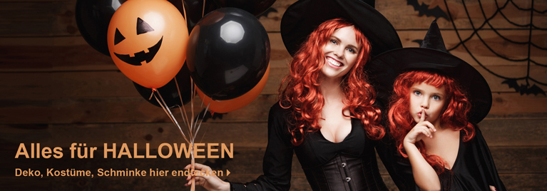 Lächelnde Frau und Kind in Hexenkostümen mit roten Perücken und spitzen Hüten, daneben Halloween-Ballons mit Kürbisgesicht. Text im Bild: Alles für Halloween - Deko, Kostüme, Schminke hier entdecken.