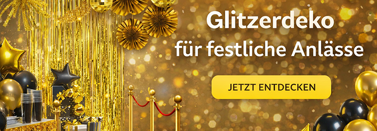 Verschiedene Dekorationen wie Ballons, Vorh�nge, Girlanden und Discokugeln zum Thema Glitzerdeko in Gold sind zu sehen. Text im Bild: Glitzerdeko - Hier klicken.