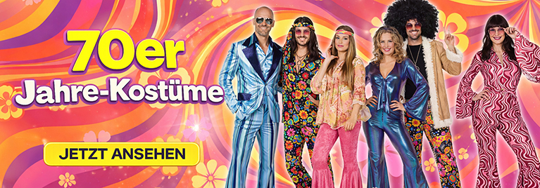 Verschiedene Kost�me im 70er-Jahre-Look sind zu sehen. Text im Bild: 70er Jahre Kost�me - Hier klicken.