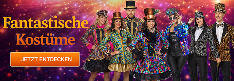 Collage von Menschen in verschiedenen Faschings- und Party-Kost�men: Lehrerin, Schulm�dchen, Polizist und Str�fling, Matrose, Soldatin, Kapit�n sowie asiatisch und franz�sisch inspirierte Verkleidungen.Text im Bild: Gro�e Auswahl an Faschingskost�men entdecken.