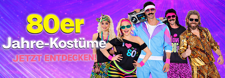 Verschiedene Kost�me zum 80er-Jahre-Look sind zu sehen. Text im Bild: 80er Jahre Kost�me - Hier klicken.