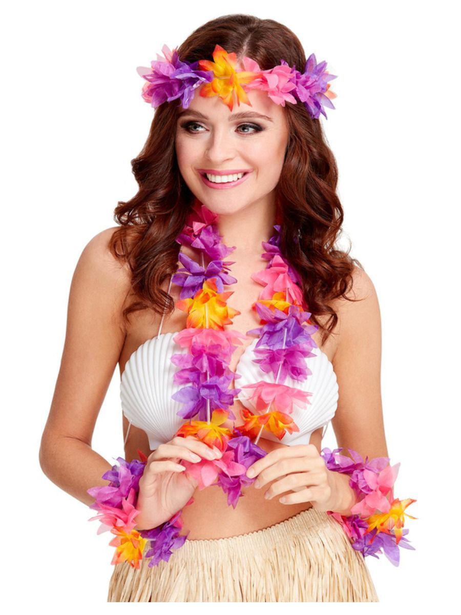 4-teiliges Hawaii-Set, Mehrfarbig, mit Girlande, Armbändern und Stirnband