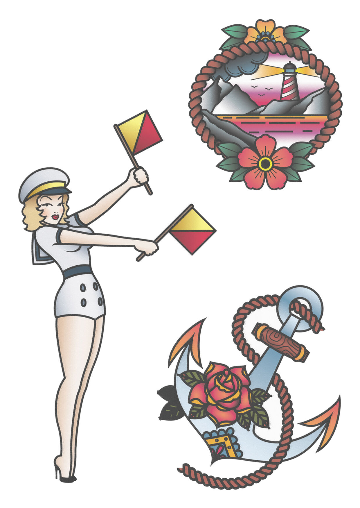 NEU Temporäres Tattoo-Motiv Reality, 10,5 x 14,8cm, Maritim Matrosin Pin Up Set, Girl, Anker und Leuchtturm Bild 2
