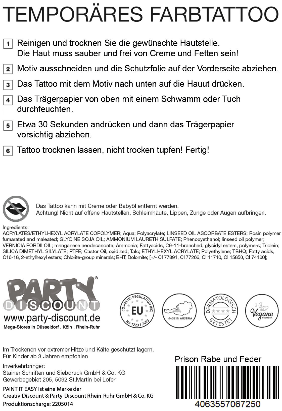 NEU Temporres Tattoo-Motiv Reality, 10,5 x 14,8cm, Prison Rabe und Feder Bild 3