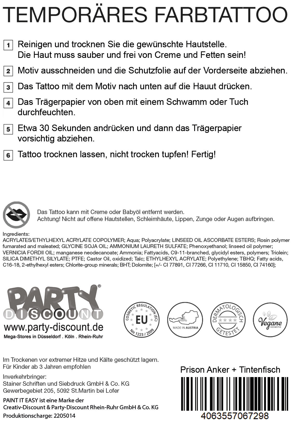 NEU Temporres Tattoo-Motiv Reality, 10,5 x 14,8cm, Prison Anker und Tintenfisch Bild 3