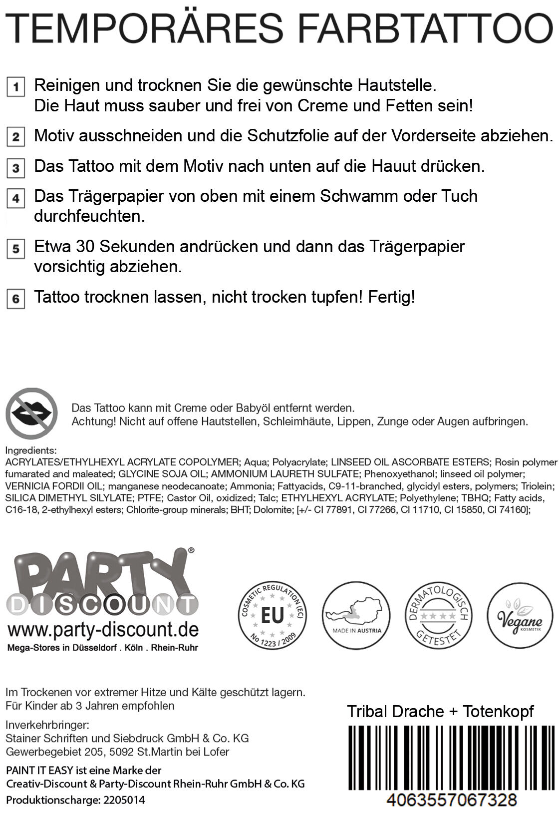 NEU Temporres Tattoo-Motiv Reality, 10,5 x 14,8cm, Tribal Drache und Totenkopf Bild 3