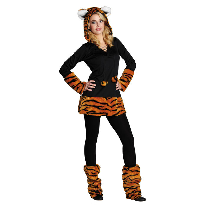 Damen-Kleid Tiger mit Kapuze Tierkostüm Plüschkostüm Tigerkostüm 