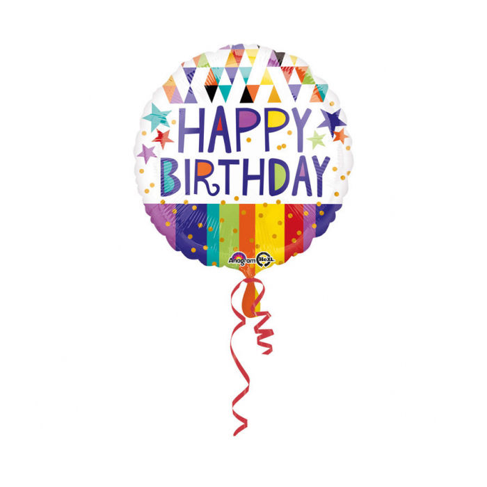 Folienballon Happy-Birthday / Herzlichen Glückwunsch Stripes & Stars, ca. 45 cm