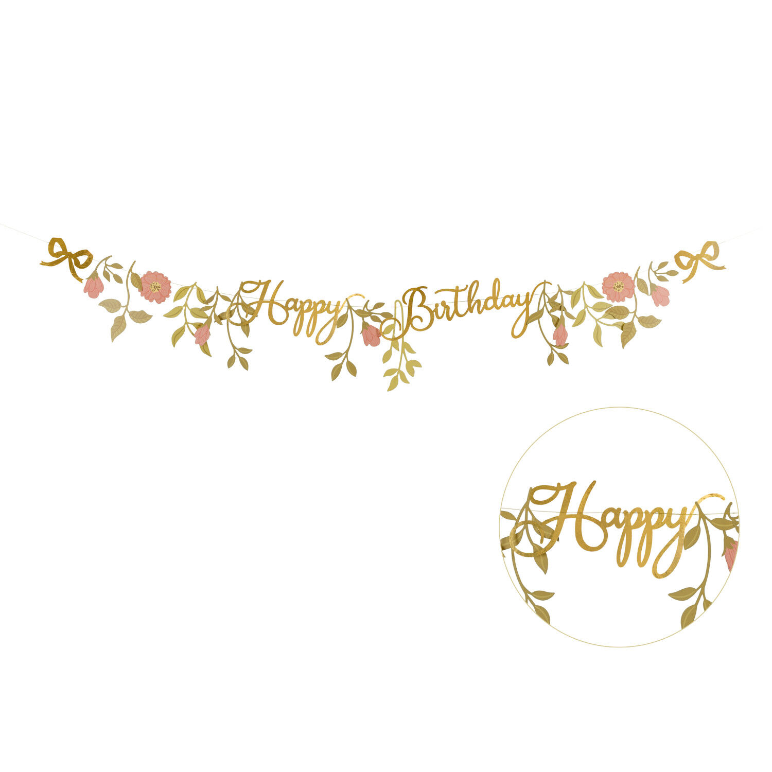 Girlande Happy Birthday / Geburtstag Blumen - Rosa - Gold - L�nge: 1,3 m