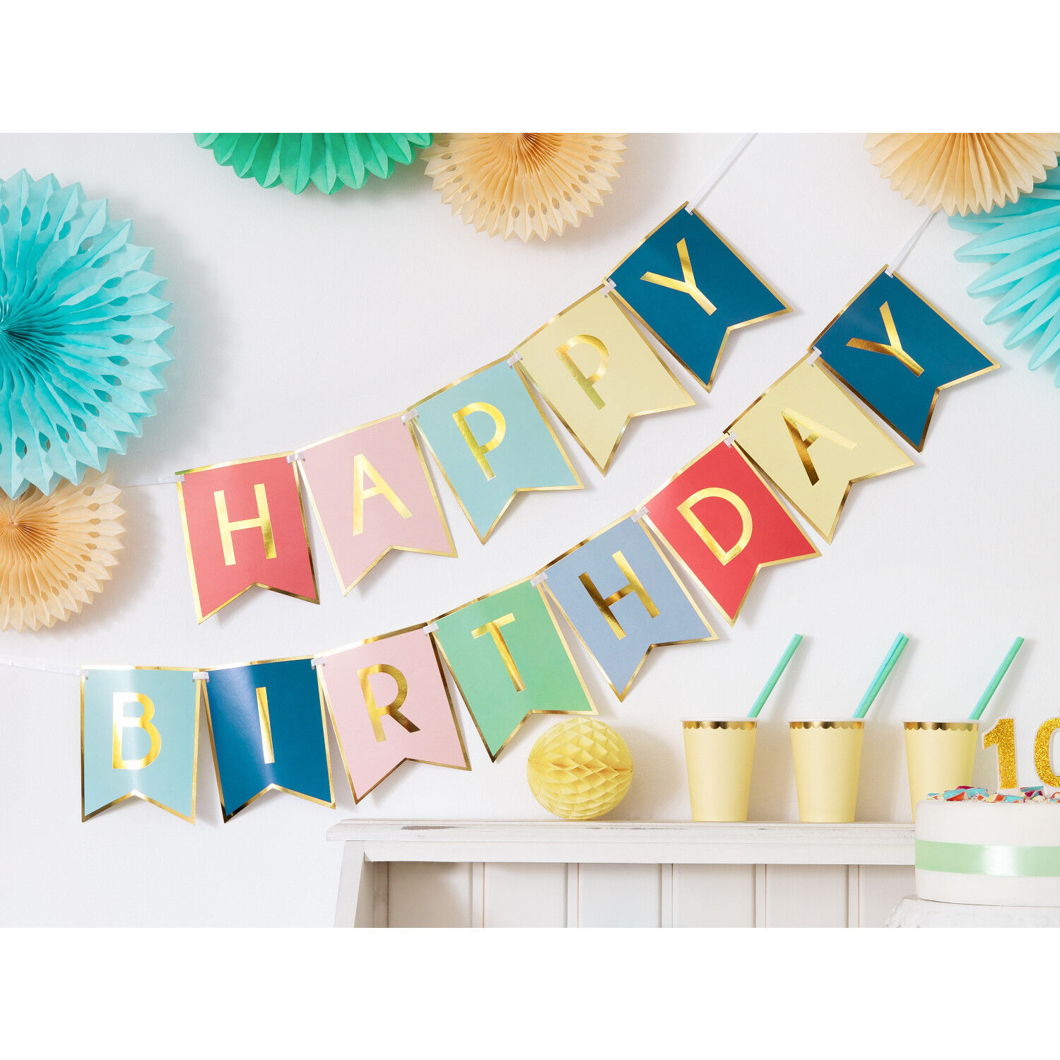 Girlande Happy Birthday / Geburtstag - Wimpel Pastell-Gold, L�nge: 175 cm Bild 2