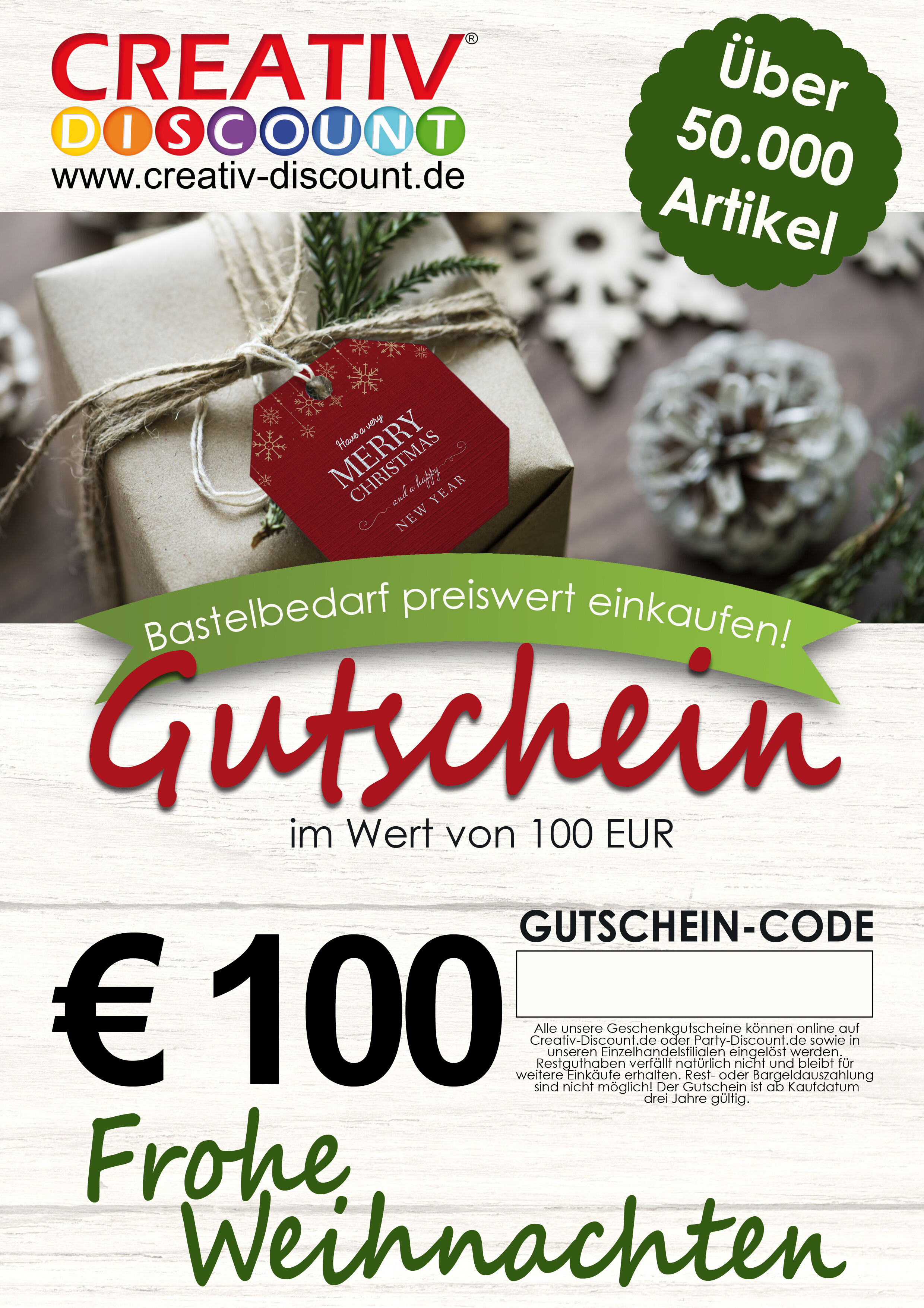 Geschenkgutschein nur ONLINE - Frohe Weihnachten - Wert 100,00 