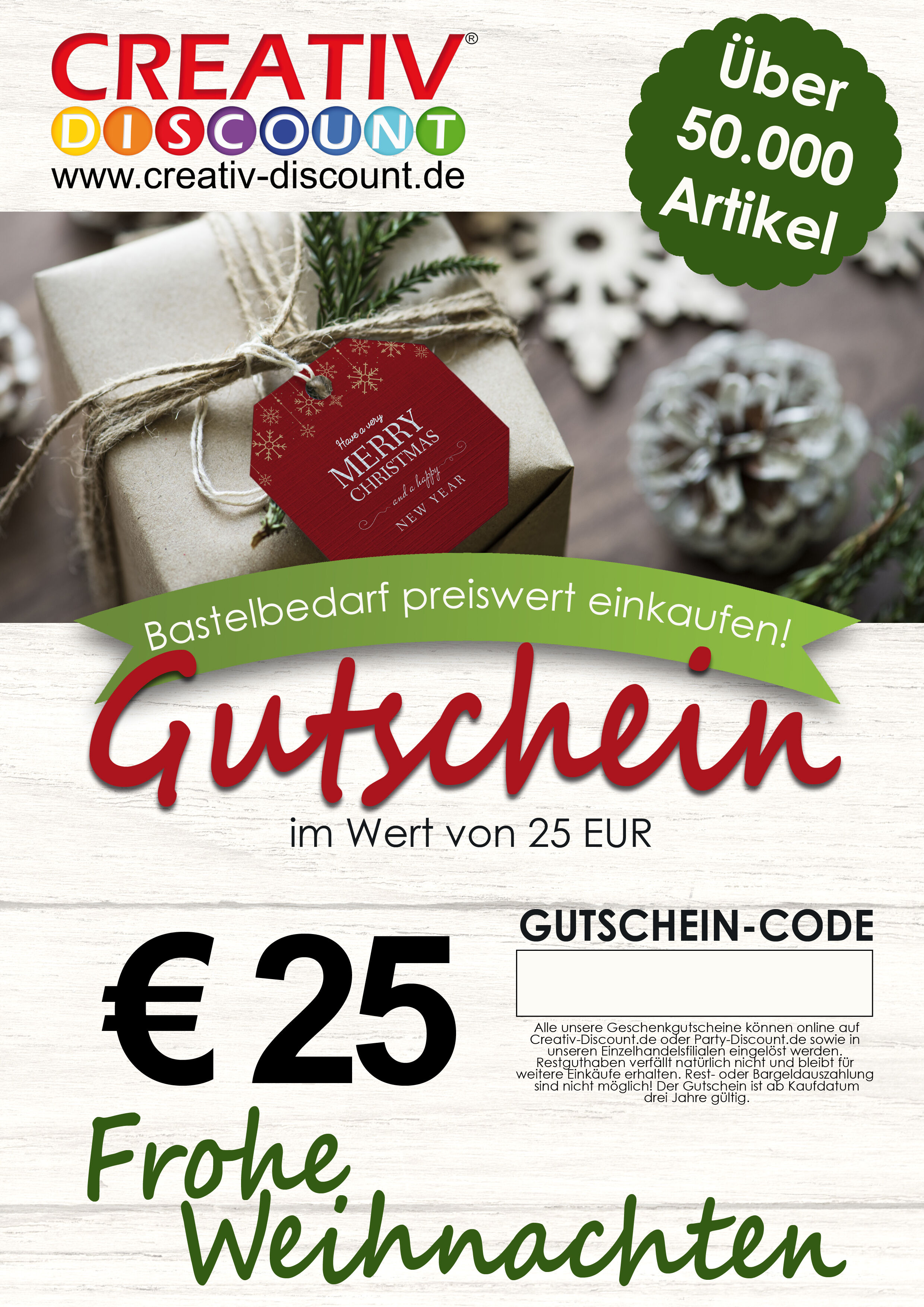 Geschenkgutschein nur ONLINE - Frohe Weihnachten - Wert 25,00 