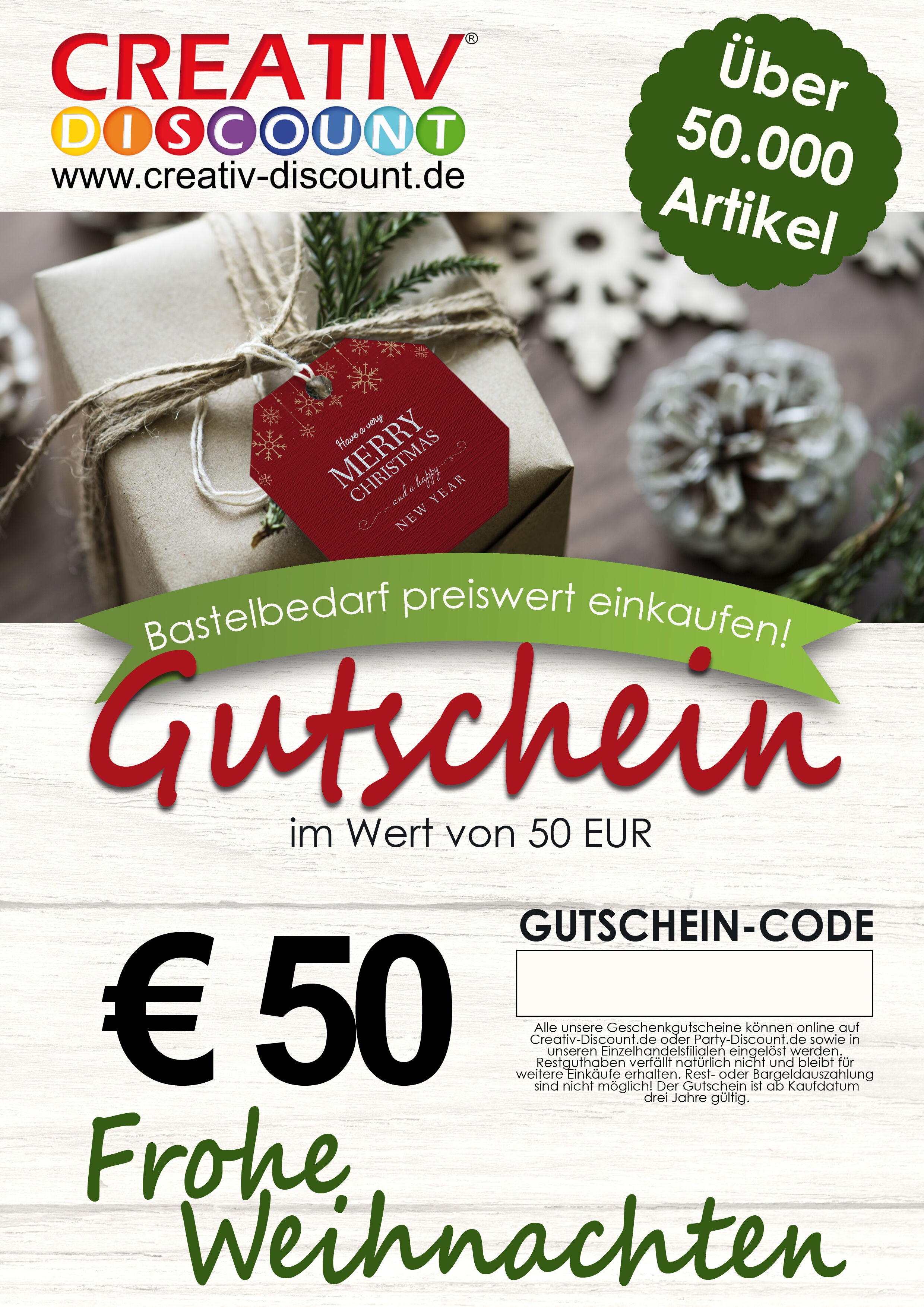 Geschenkgutschein nur ONLINE - Frohe Weihnachten - Wert 50,00 