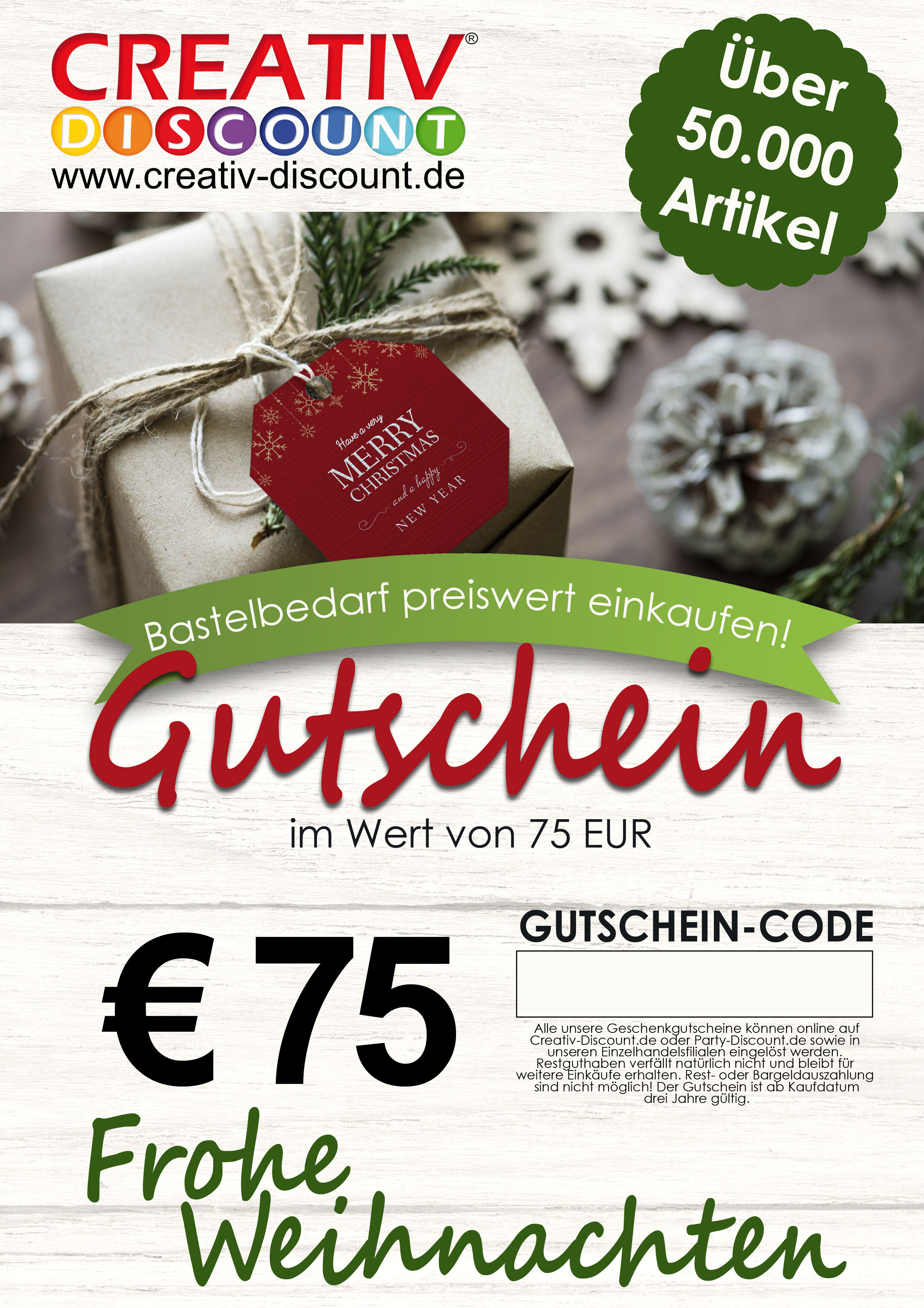 Geschenkgutschein nur ONLINE - Frohe Weihnachten - Wert 75,00 