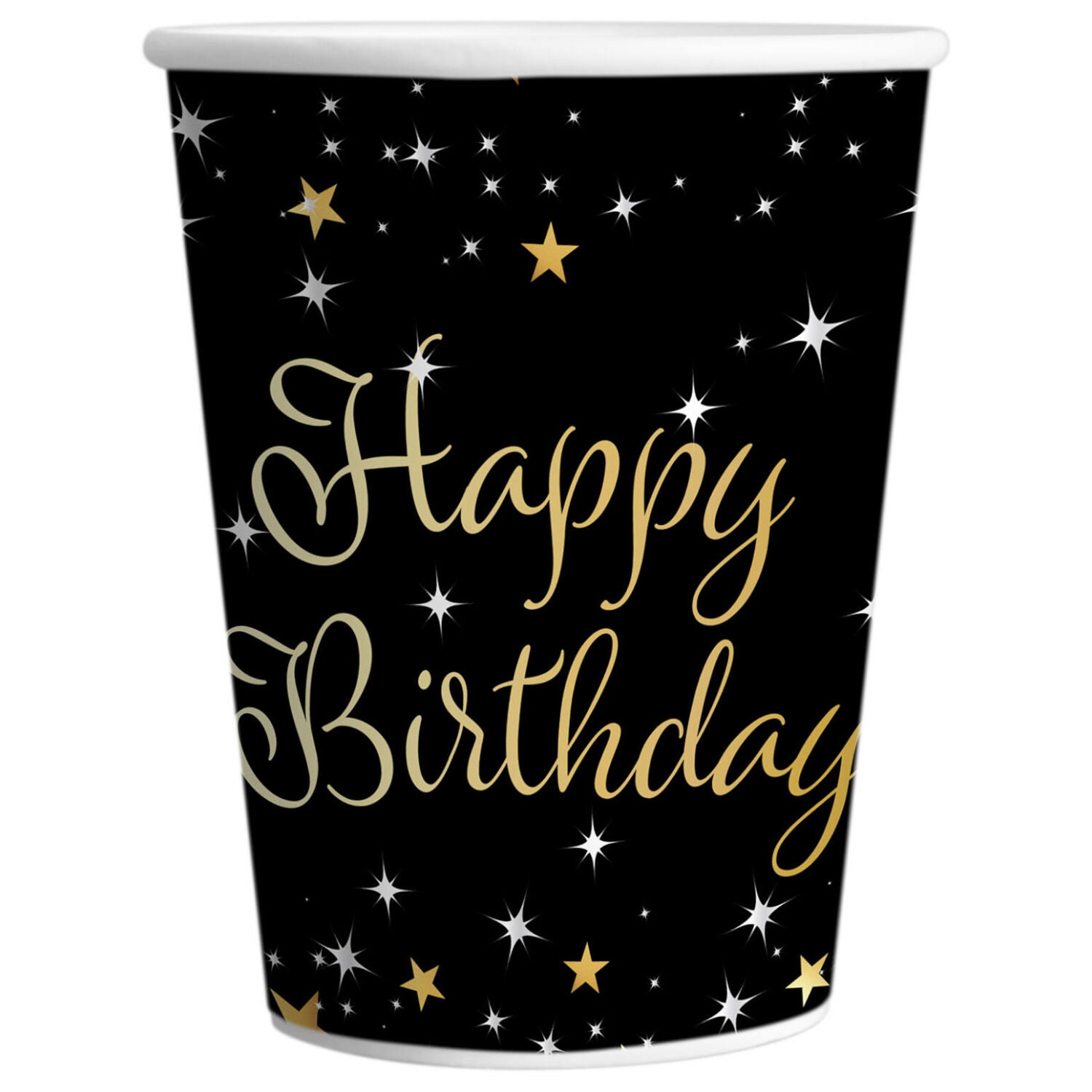 Pappbecher Starlight Birthday, gold-schwarz, 250 ml, 8 St�ck, Happy Birthday