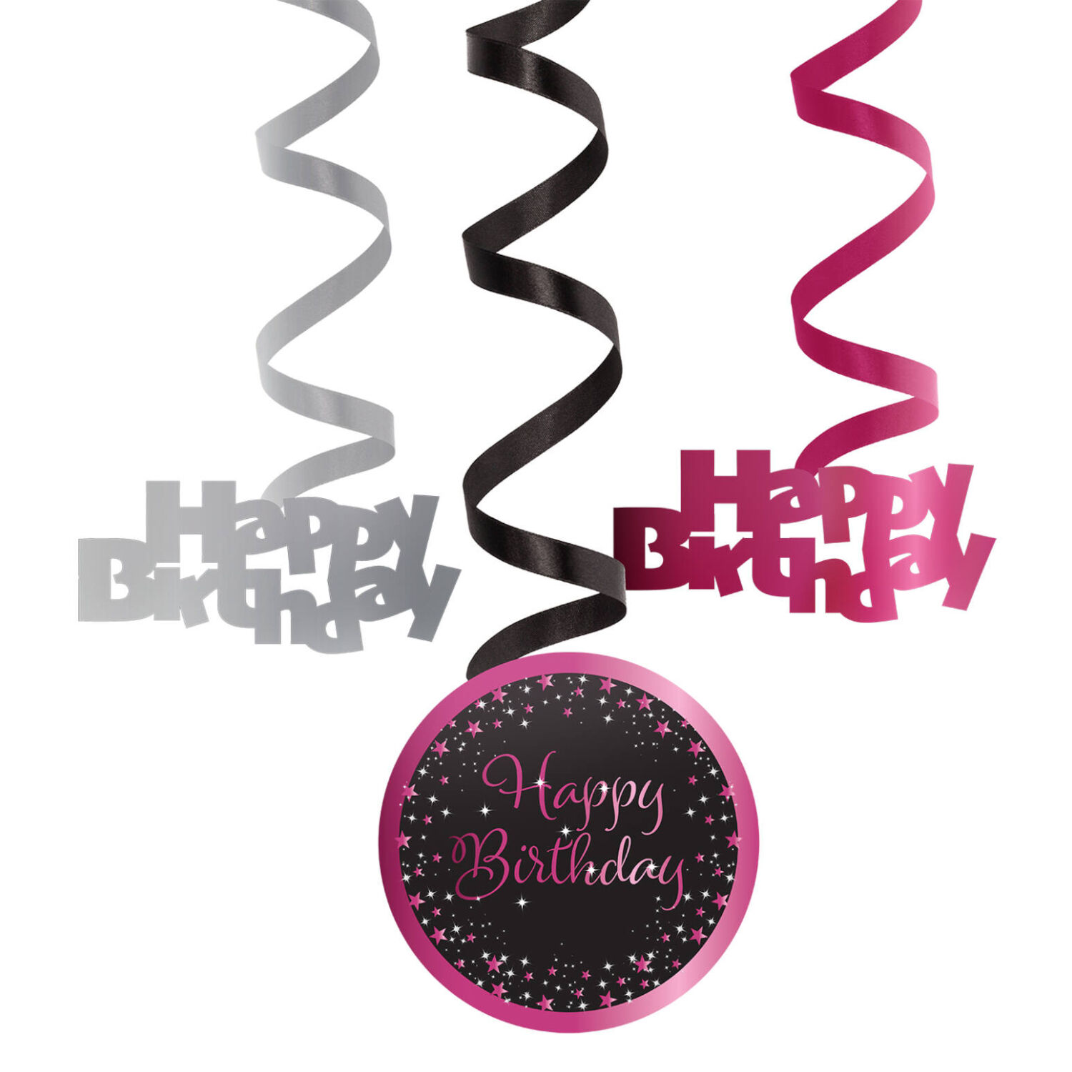 Deko-Spiralen Starlight Birthday, pink-schwarz, 61 cm, 6 St�ck, Happy Birthday