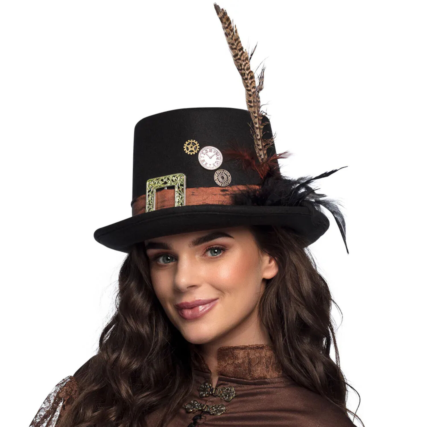 Hut Steampunk Zylinder, schwarz mit Federn