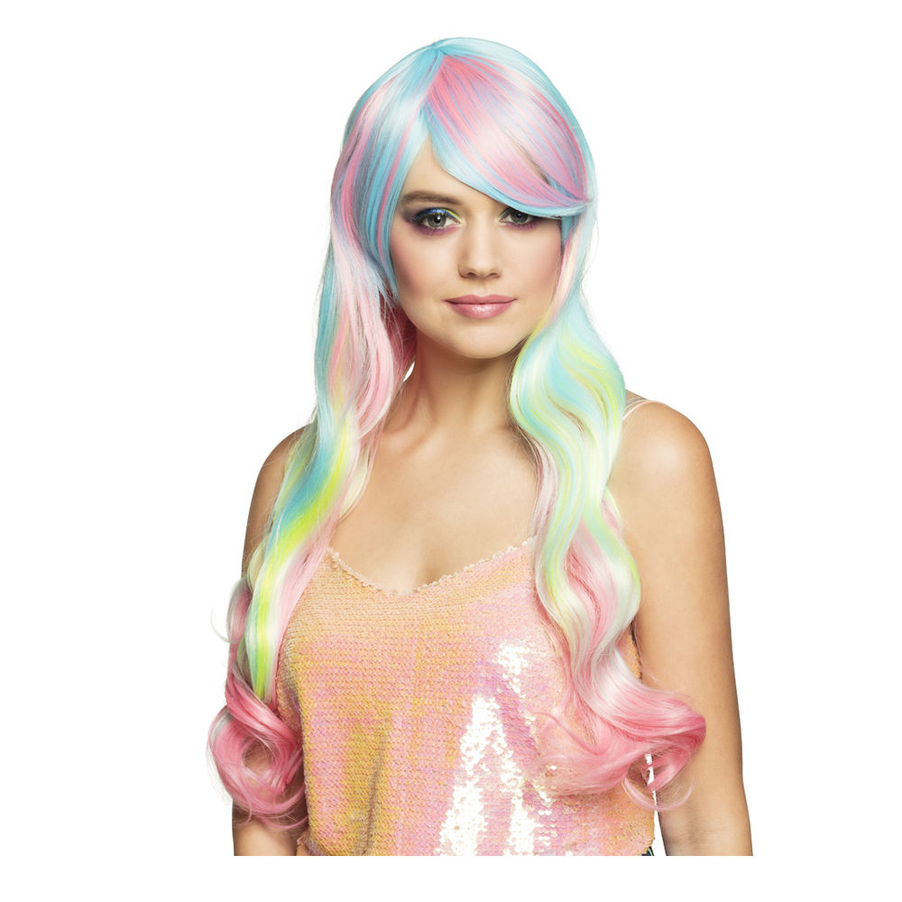 Perücke Damen Langhaar mit Pony Candy Style Heaven, türkis-rosa-gelb - mit Haarnetz Bild 2