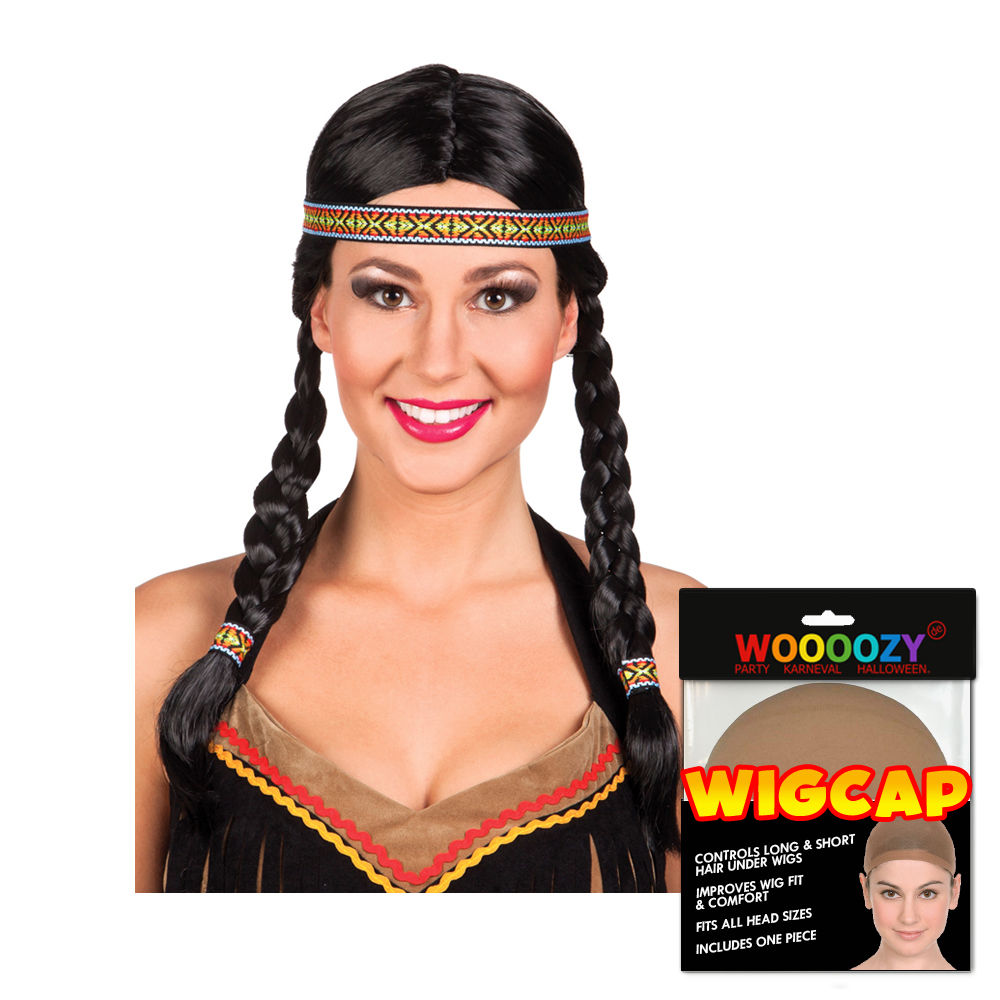 Percke Damen Indianerin mit Stirnband und zwei gefochtenen Zpfen, Kewanee, schwarz - mit Haarnetz
