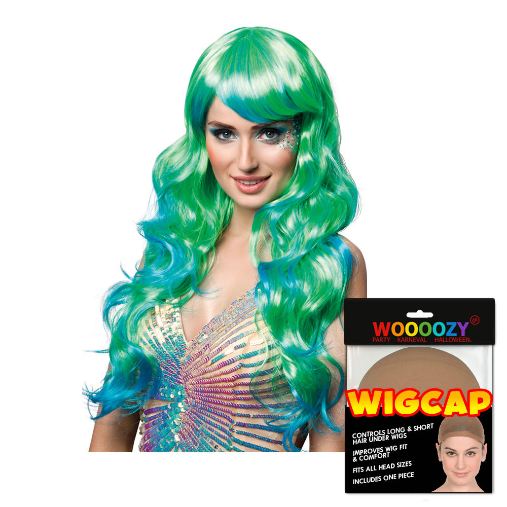 Perücken Damen Langhaar mit Pony Meerjungfrau Aqua, blau-grün - mit Haarnetz
