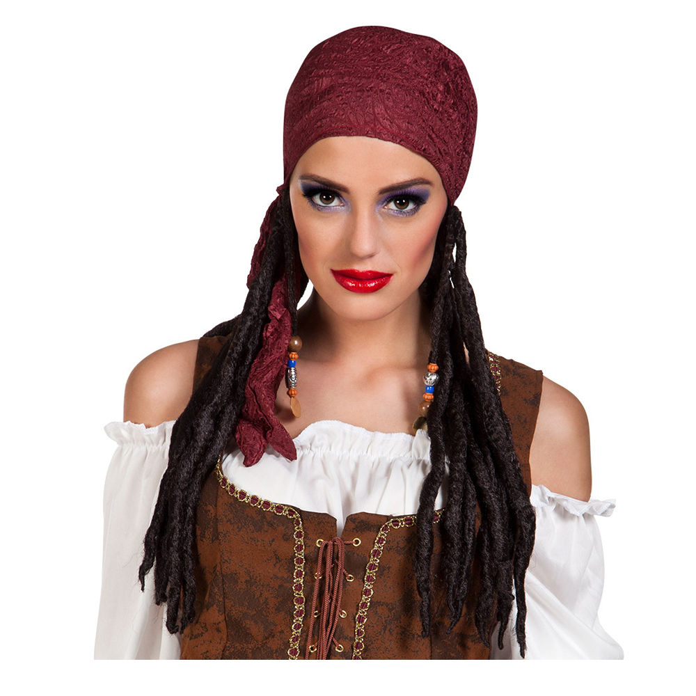 Perücke Damen Piratin mit Kopftuch Dreadlocks, Bonnie, schwarz - mit Haarnetz Bild 2