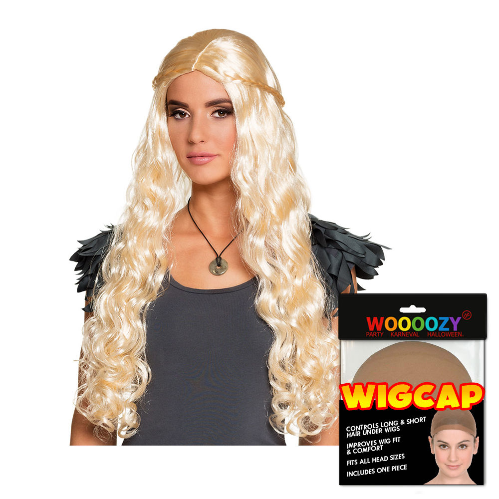 Perücke Damen Drachenmutter mit Locken und geflochtenem Haarkranz, blond - mit Haarnetz